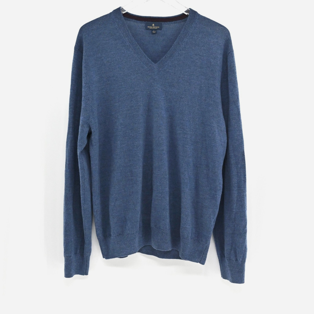 Brooks Brothers Merino Wool Sweater Mens Sz L Blue Academia Pullover V Neck Knit